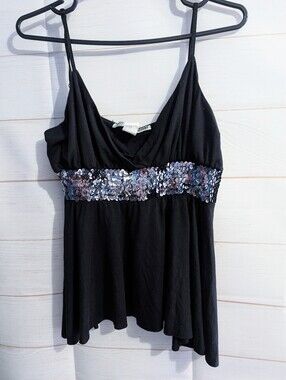 Necessary Objects Black Camisole with Silver Sequin Band Size Large